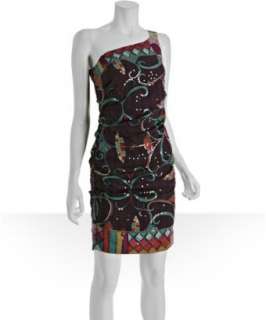 Nicole Miller plum sequined mosaic silk one shoulder dress   