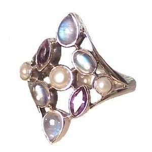   Silver Moonstone, Amethyst & Pearl Ring   6.0 CaratGems Jewelry