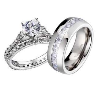   Sterling Silver Titanium Heart/Princess CZ Engagement Wedding Ring Set
