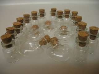 20 small heart jar vials with cork tops, screws. Assorted lot of glass 
