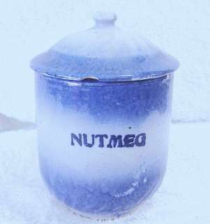 Antique Blue and White Stoneware Nutmeg Spice Jar USA c 1900  