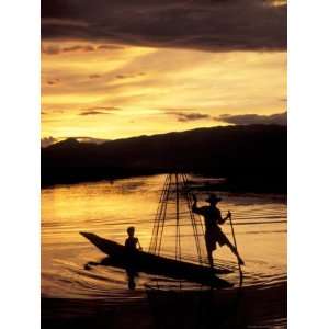Intha Fisherman Rowing Boat With Legs at Sunset, Myanmar Photographic 