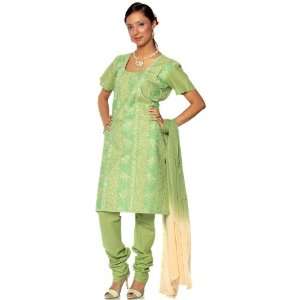  Tea Green Salwar Suit Fabric with All Over Embroidery and 