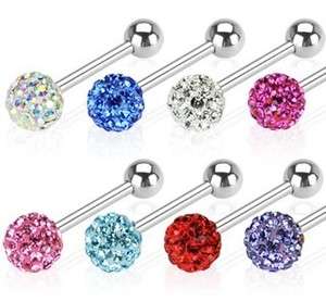 Surgical Steel Tongue Ring w/Multi Crystal Ferido Ball 14g tounge gem 
