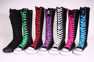 Knee high top women sneaker canvas boots black with colors laces 