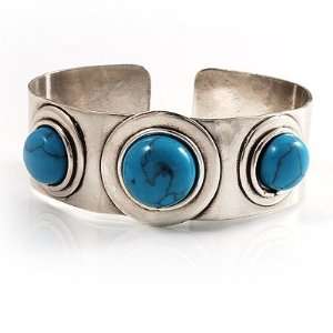   Stainless Steel Bangle with 3 Turquoise Button Shaped Stones Jewelry