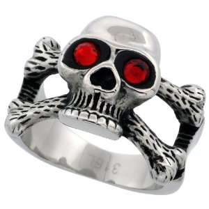 Surgical Steel Skull Ring Cut out Cross Bones Ring Red CZ Eyes 5/8 in 