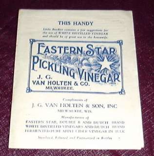 EASTERN STAR PICKLING VINEGAR booklet Van Holten Milw  