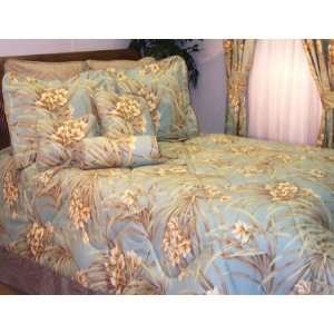   St Simons Blue Floral Quilted Tropical Queen Bedspread